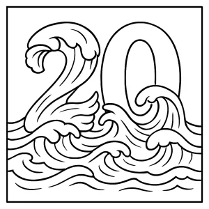 Página para colorear del número 20 formado por olas del océano, ideal para niños y actividades educativas.