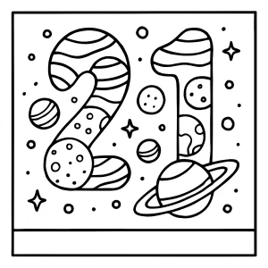 Página para colorear del número 21 formado por planetas espaciales, imprimible y gratuita para niños