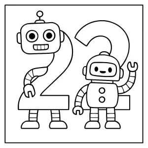 Página para colorear del número 22 formado por robots para imprimir y colorear