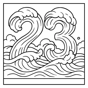 Página para colorear del número 23 formado por olas del mar