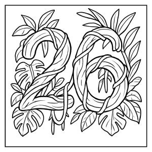 página para colorear del número 26 formado por lianas de la selva con hojas y detalles naturales