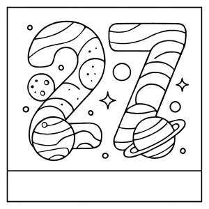 Página para colorear del número 27 formada por planetas y estrellas del espacio exterior, ideal para niños pequeños
