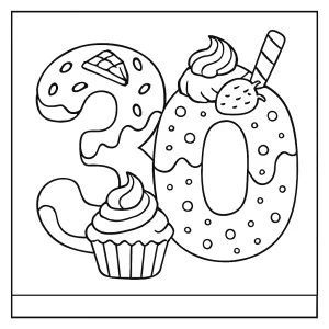 Página para colorear del número 30 formado por postres dulces, imprimible gratis para niños.