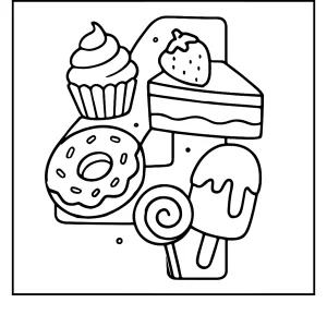 página para colorear del número 4 formado por postres dulces para imprimir