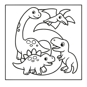 Página para colorear del número 6 creado con dinosaurios para imprimir
