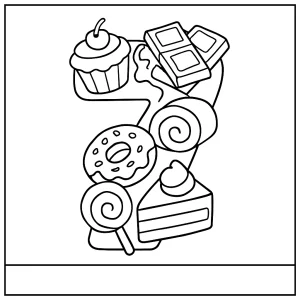 página para colorear del número 7 hecho de postres dulces para imprimir y colorear gratis