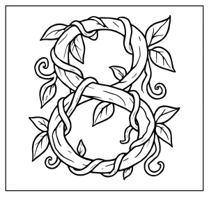 Página para colorear del número 8 formado por lianas y plantas de la jungla