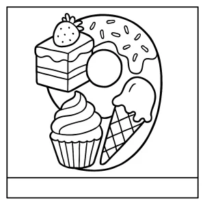Página para colorear del número 9 creado con diferentes postres y dulces