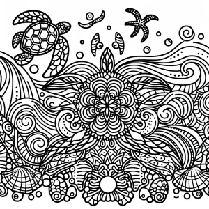 Mandala de olas marinas con tortugas y caracoles, página para colorear gratuita para imprimir
