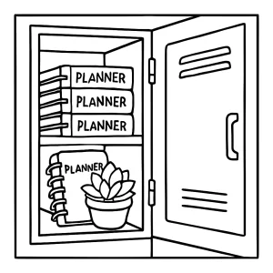 Page de coloriage d'un casier ouvert avec des agendas colorés et une plante grasse