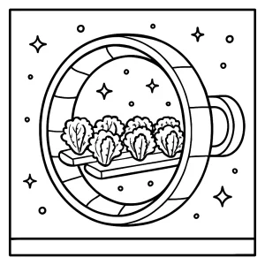 Página para colorear de un invernadero orbital con lechugas creciendo en gravedad cero, diagrama de corte detallado para imprimir
