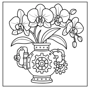 Página para colorear de un jarrón steampunk decorado con orquídeas exóticas, lista para imprimir y colorear.