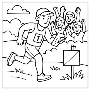Página para colorear de un atleta de orientación con público animando en la meta