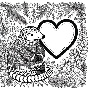 página para colorear de pangolín en suéter en forma de corazón rodeado de hojas tropicales