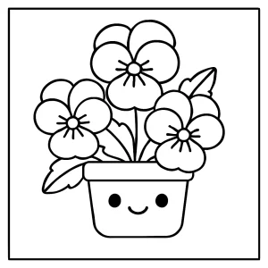 Página para colorear de maceta estilo kawaii con flores de pensamiento para imprimir gratis