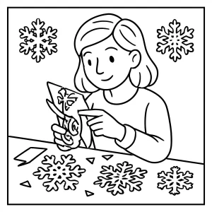 Página para colorear de artista de papercraft cortando copos de nieve