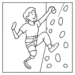 Página para colorear de un para‑climber inspirador escalando un muro adaptado con prótesis