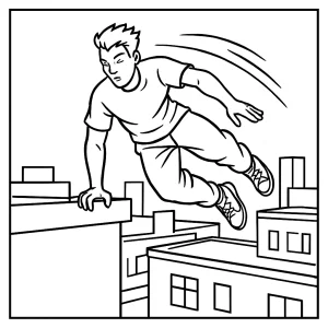 Página para colorear de un atleta de parkour saltando sobre la brecha de un tejado urbano con líneas de movimiento