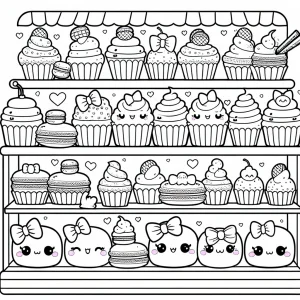 Página para colorear de panadería kawaii con cupcakes y macarons sonrientes y lazos adorables