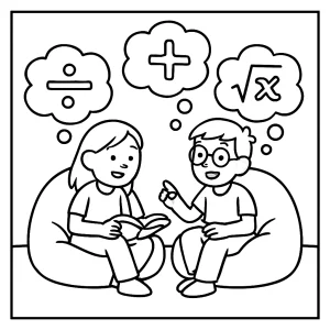 Página para colorear de rincón de tutoría con niños en pufs y burbujas de pensamiento matemático