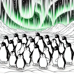 Página para colorear de pingüinos cantando bajo la aurora boreal, perfecta para imprimir y colorear en casa