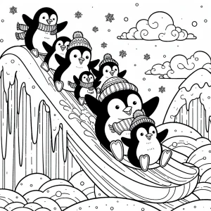 page de coloriage gratuite montrant une famille de pingouins faisant de la luge sur un iceberg enneigé