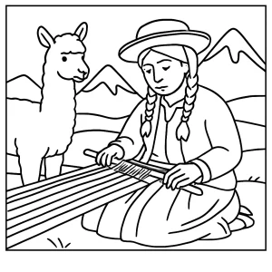 Página para colorear de un pastor de alpacas peruano tejiendo tela arcoíris en los Andes