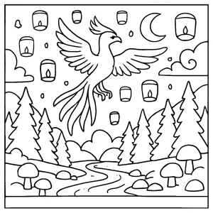 Phoenix Lantern Festival coloring page featuring a magical phoenix, lanterns, and enchanted realm scenery for kids to print and color.