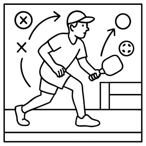 Página para colorear de un atleta de pickleball con diagrama táctico, ideal para imprimir y colorear.