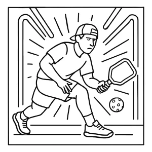 Página para colorear de atleta de pickleball bajo luces neón, imprimible y gratuita
