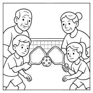 Page de coloriage de tournoi de pickleball avec seniors et juniors en plein match
