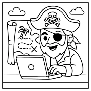 Página para colorear de un pirata programador hackeando un mapa del tesoro, perfecta para imprimir y colorear.