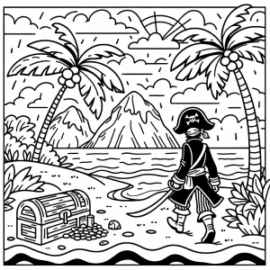 Pirata en Isla del Tesoro página para colorear con cofre, mapa y palmeras