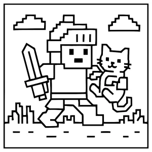 página para colorear de caballero pixel rescatando un gatito, dibujo imprimible para niños