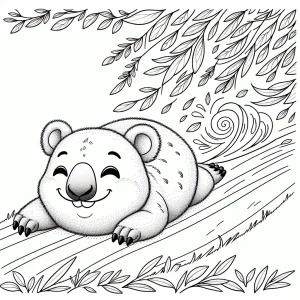 Wombat rodando por una colina con hojas de eucalipto - página para colorear para imprimir gratis