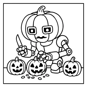 Omaľovánka tekvicový robot s LED očami vyrezáva mini jack-o'-lanterny – coloring page na vytlačenie.