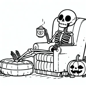 page de coloriage d’un squelette relaxant dans un fauteuil avec un pumpkin spice latte, idéal pour l’automne et Halloween