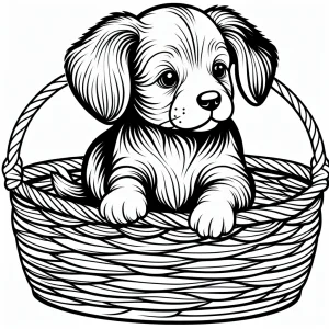 Página para colorear de cachorro orejudo en una cesta, dibujo imprimible para niños