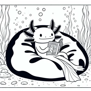 page de coloriage axolotl lisant une bande dessinée sur un pouf sous l’eau, à imprimer gratuitement