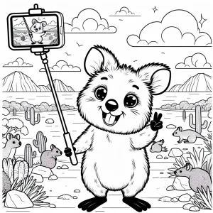 Página para colorear de un quokka feliz tomándose una selfie en el outback australiano