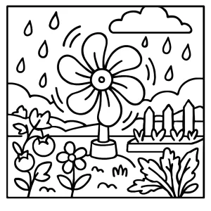 Página para colorear de turbina de flores movida por lluvia en jardín comunitario