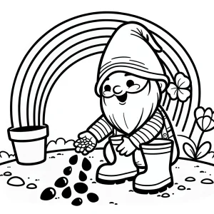 Página para colorear de un duende de jardín con botas de lluvia plantando semillas bajo un arcoíris en un jardín florecido