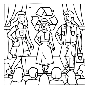 Página para colorear de desfile de moda reciclada con atuendos de mezclilla en auditorio