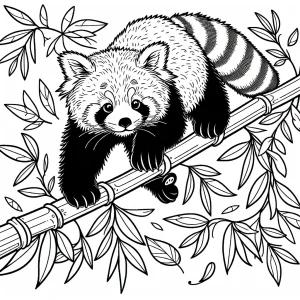 Página para colorear de un panda rojo equilibrándose en ramas de bambú con hojas cayendo