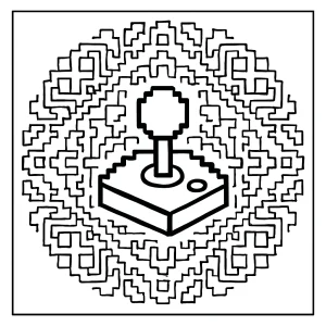 Página para colorear de mándala retro 8-bit con joystick arcade en el centro, lista para imprimir y colorear