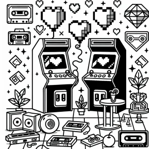 Página para colorear de fiesta arcade retro de los 80 con gabinetes de juegos y corazones pixelados
