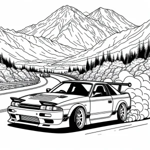 Retro JDM Drift Car página para colorear: auto clásico derrapando en montaña