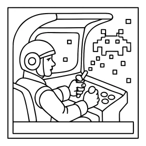 página para colorear de un piloto retro arcade disparando pixeles, ideal para imprimir y colorear gratis