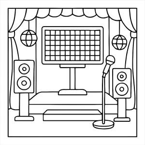 page de coloriage scène karaoké rétro avec écran de paroles pixelisées à imprimer gratuitement