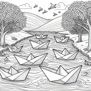 Página para colorear de un río tranquilo con barquitos de papel llevando deseos especiales